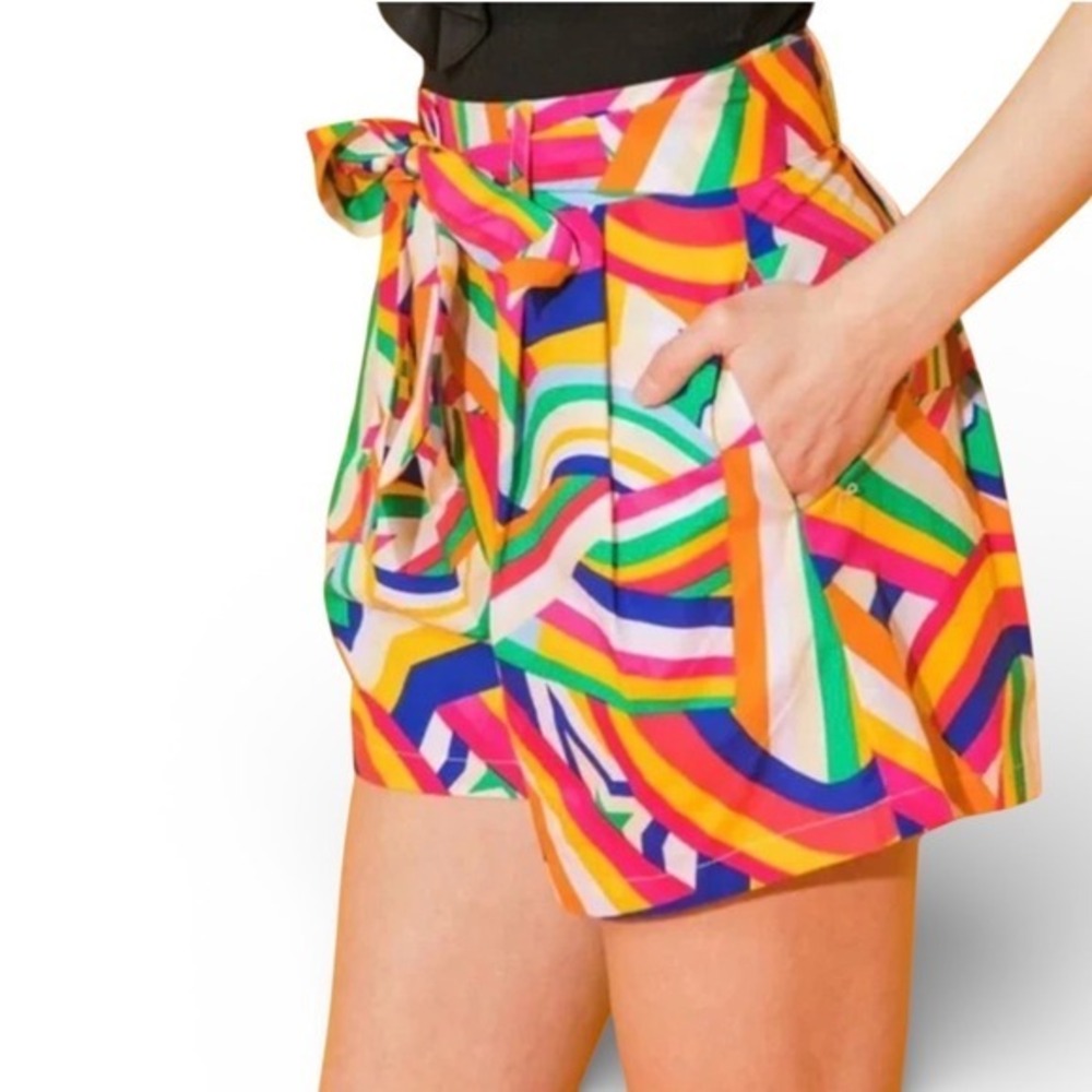 Lida Kate High Waisted Abstract Geometric Rainbow Belted Shorts Mens Size Medium